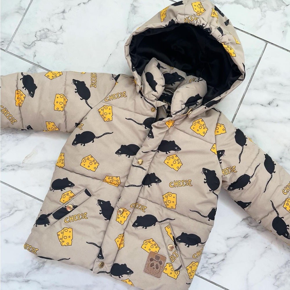 Mini Rodini Beige Puffer Winter Jacket Coat w Cheese & Mouse Print Sz 116